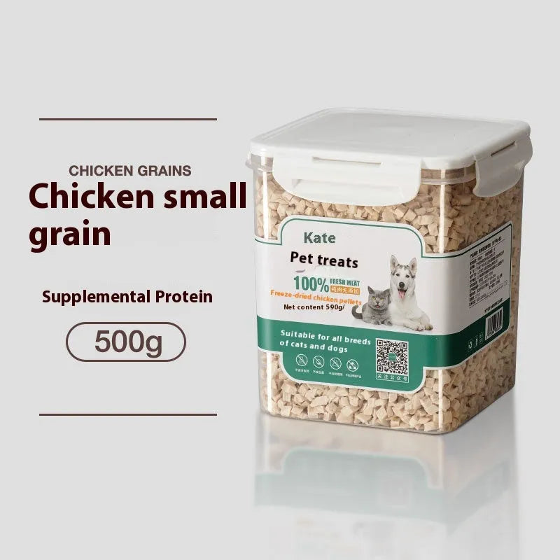 500g chicken freeze-dried cat treats in bagged and barrel packaging formats