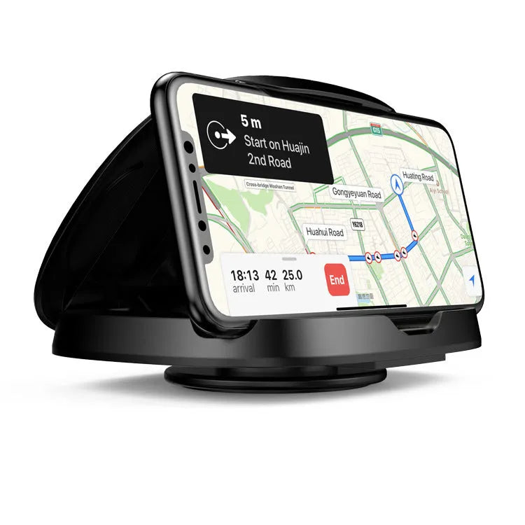 Black rotating suction cup car navigator bracket holding a smartphone on a car windscreen.