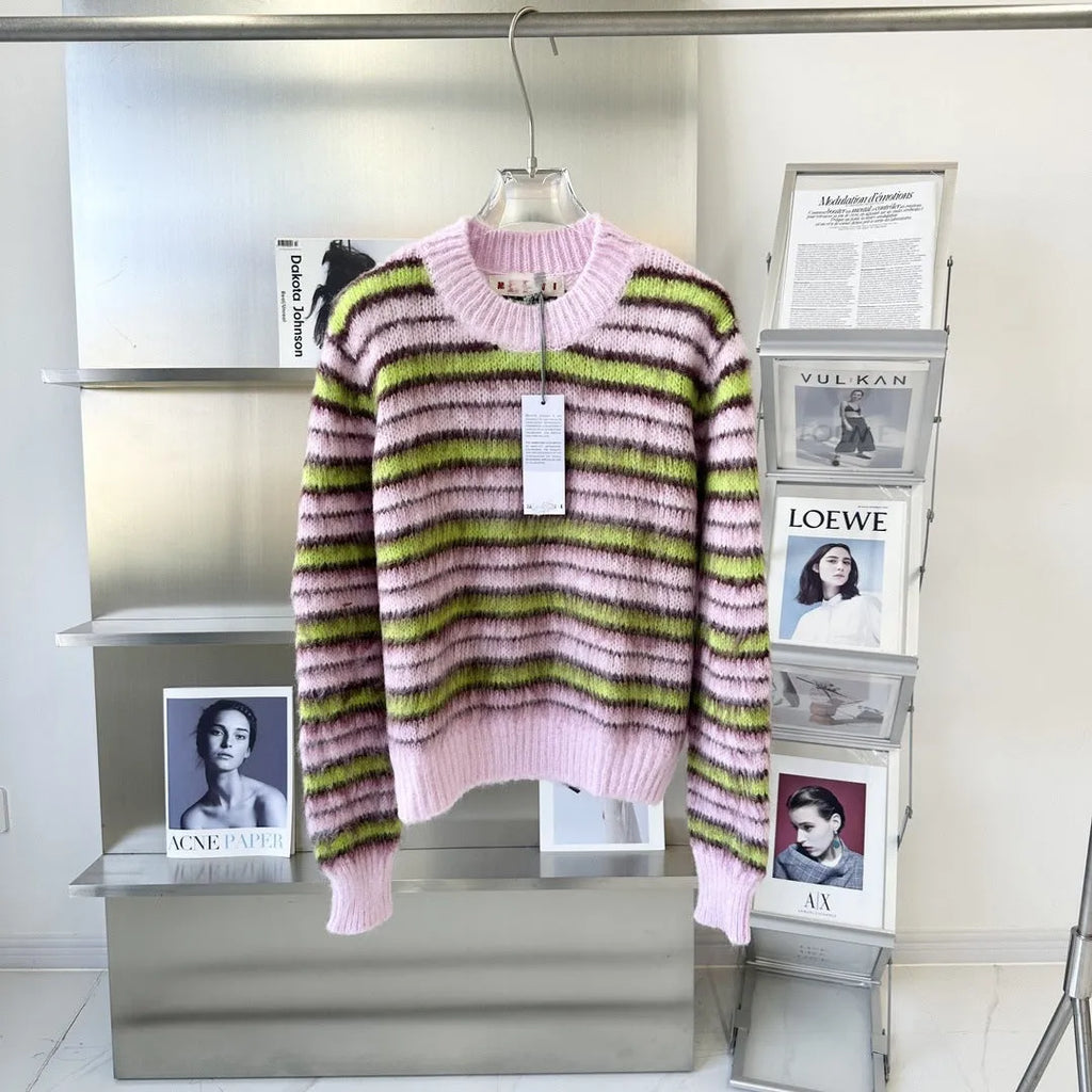Pink haima wool knitted lazy coat cardigan and matching pullover with contrast colour detailing.