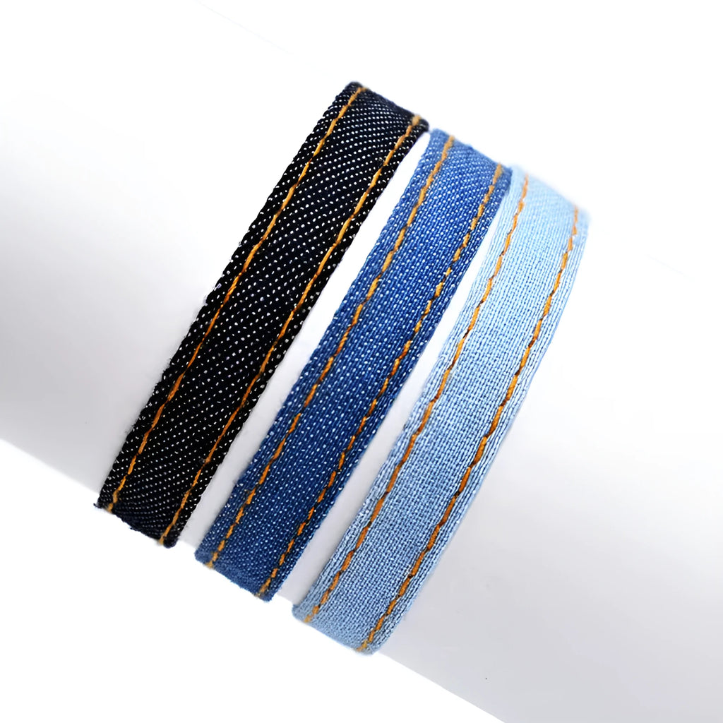 National style denim fabric bracelet wristband with mixed material construction for unisex travel wear