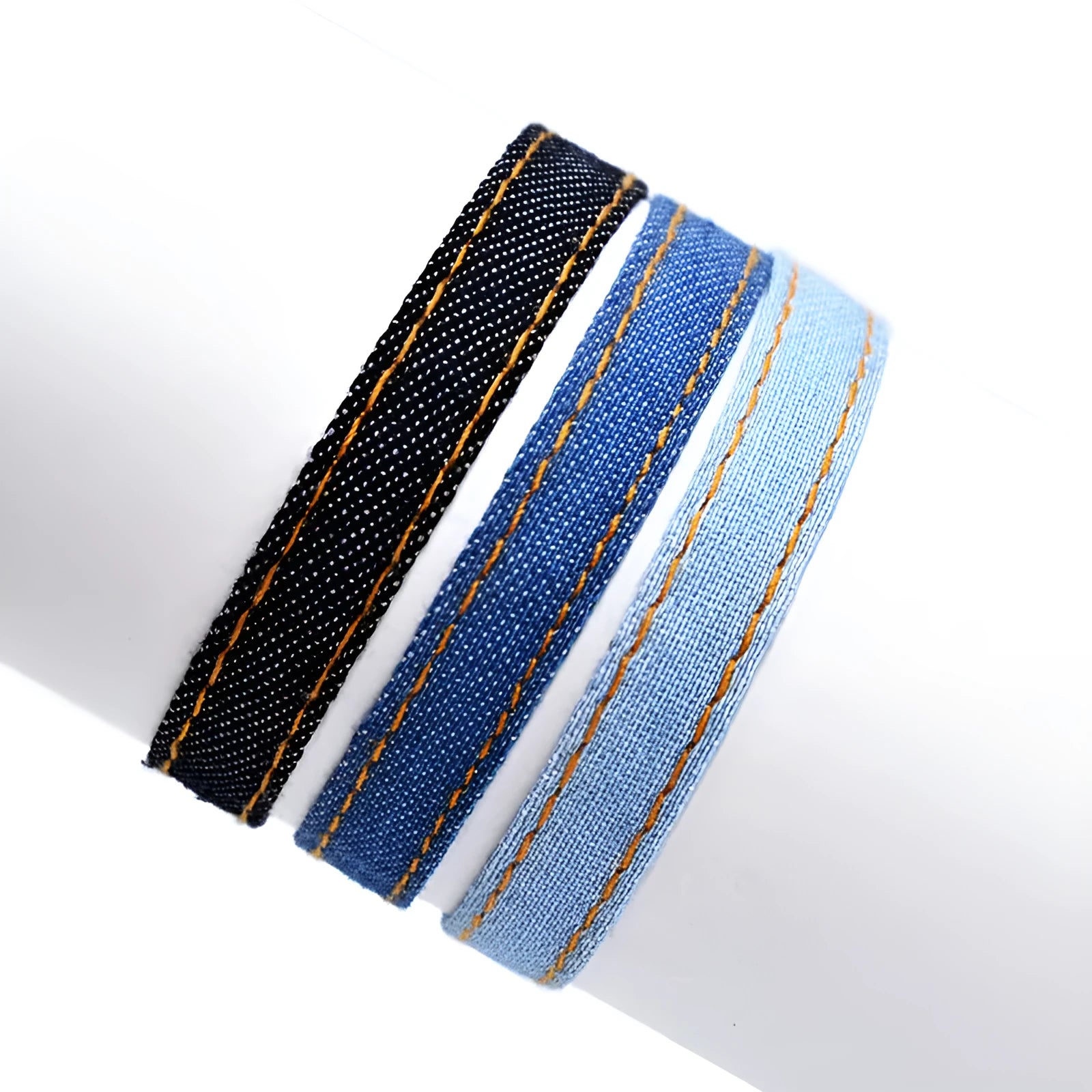National style denim fabric bracelet wristband with mixed material construction for unisex travel wear