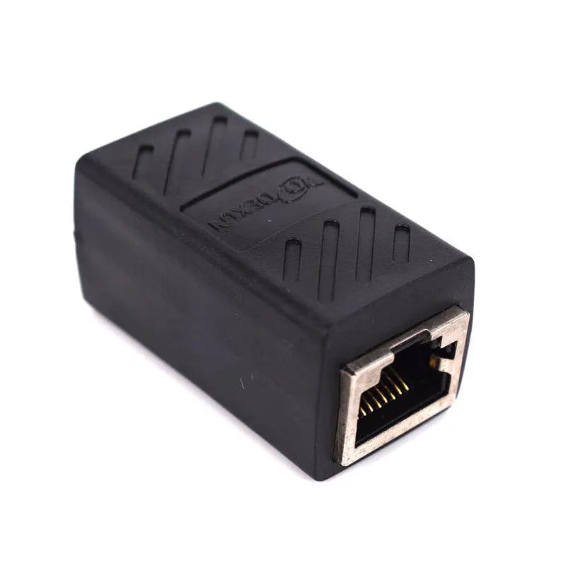 Black RJ45 network cable extender adapter with rotary union for connecting Ethernet cables