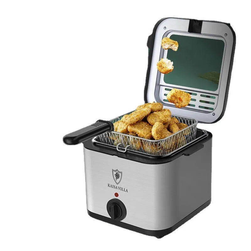 Silver electric air fryer with stainless steel fryer basket showing UK plug