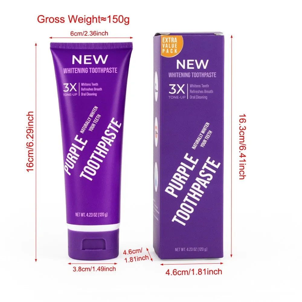 Purple whitening toothpaste tube for adults, shown in 120g and 65g sizes for yellow stain removal.