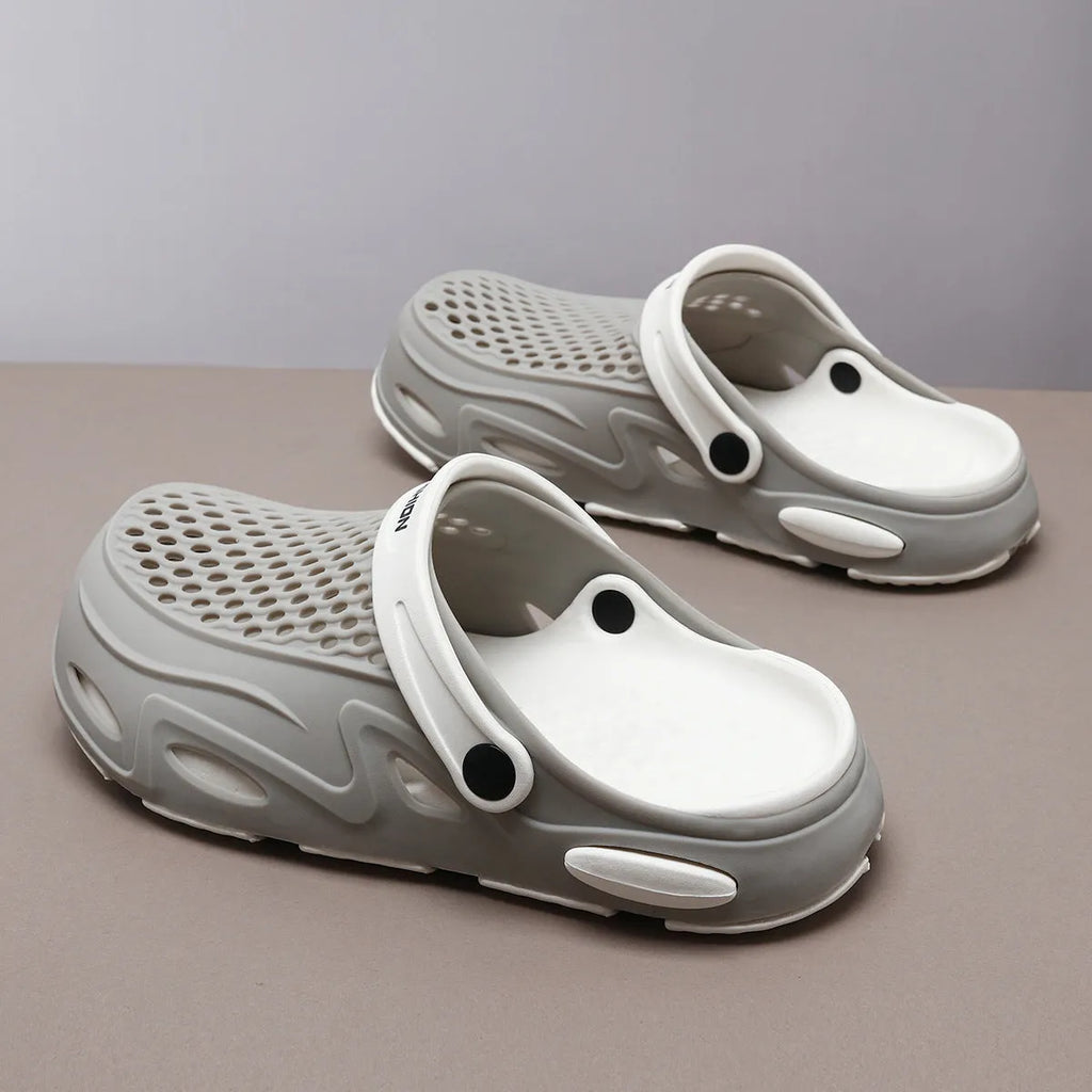 Men's grey closed toe EVA beach slippers with non-slip sole and round toe design