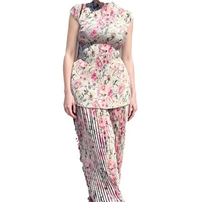 Long sleeve printed chiffon dress high waist set with skirt and top in sizes S to 3XL