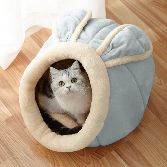 Grey enclosed cat house bed in Ox horn or Rabbit Nest shape, M L XL sizes for 3-25 kg pets