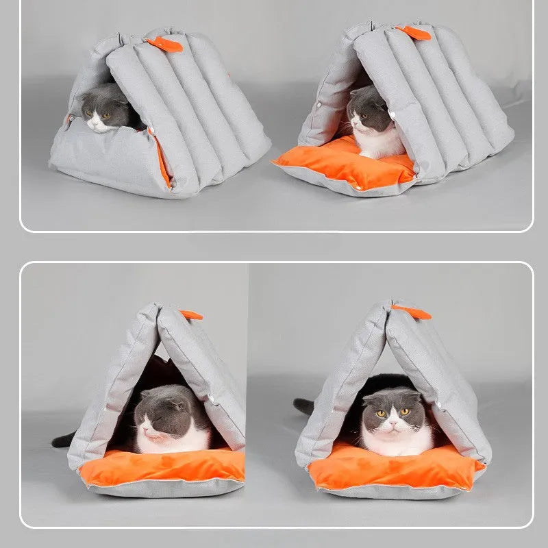 Blue triangular sofa-style cat nest with connectable sides and removable cotton cover