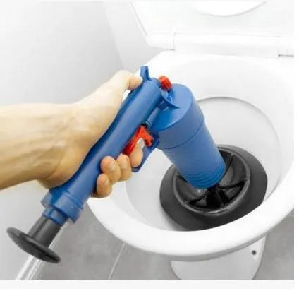 Plastic drain blaster gun with four adaptor suckers for clearing blockages in sinks and toilets, measuring 28 cm by 27.5 cm