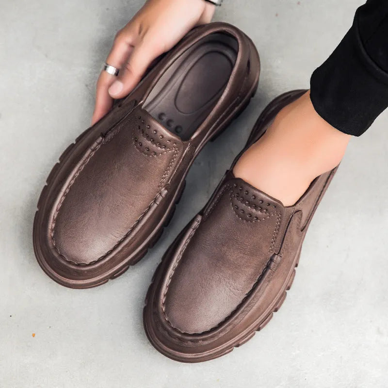 Men's black slip-on work shoes with artificial leather upper and platform mid-heel design