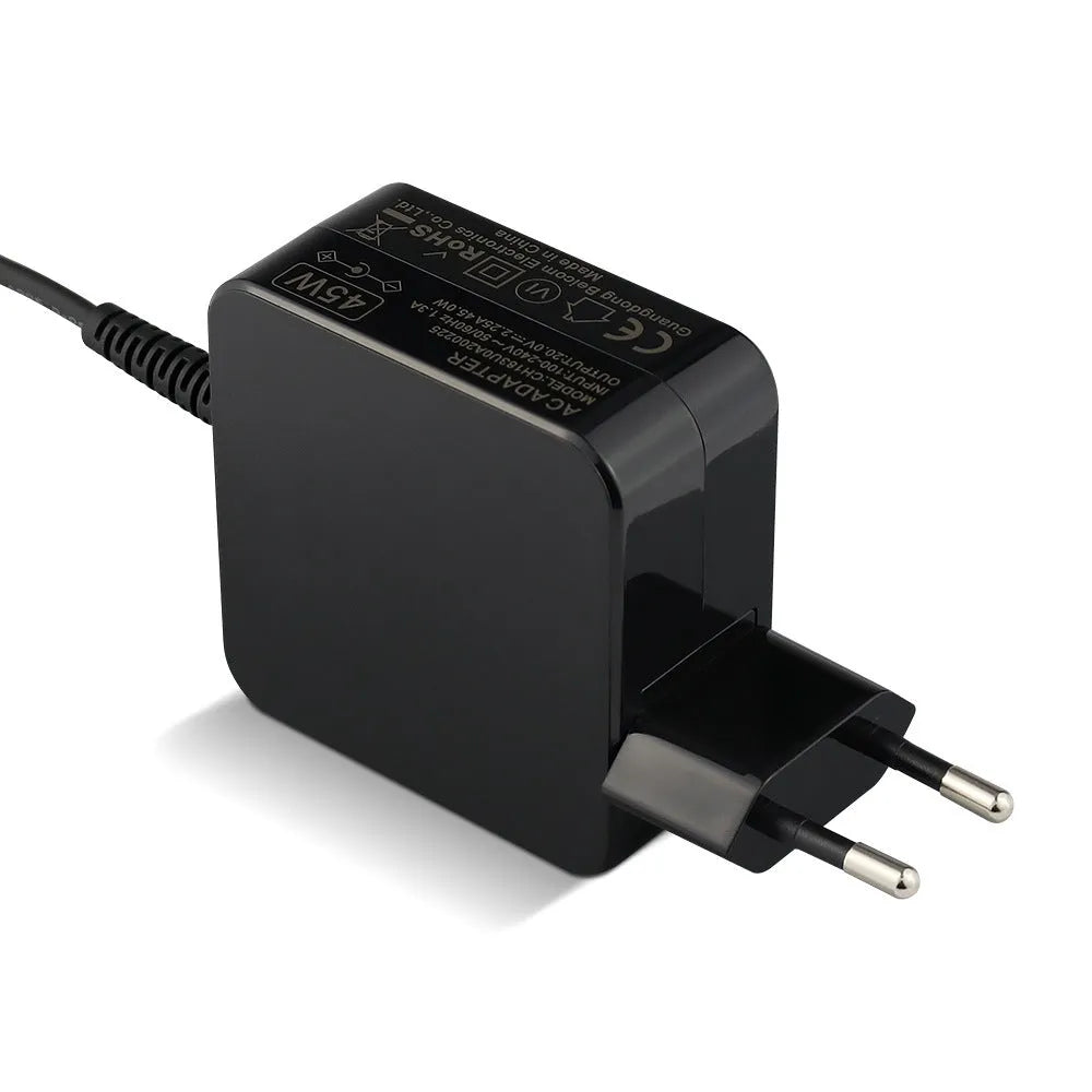 Black 45W laptop adapter with DC connector, compact design measuring 99.3mm