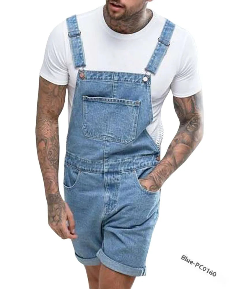 Youth denim suspender pants in black with elastic waist and suspender straps, shorts length with zipper fly