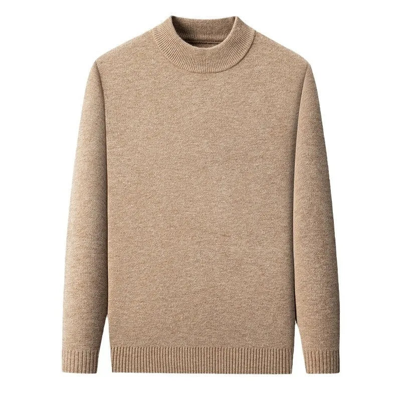 Men's solid colour half turtleneck knitwear pullover with long sleeves in fine wool yarn, available in multiple sizes.