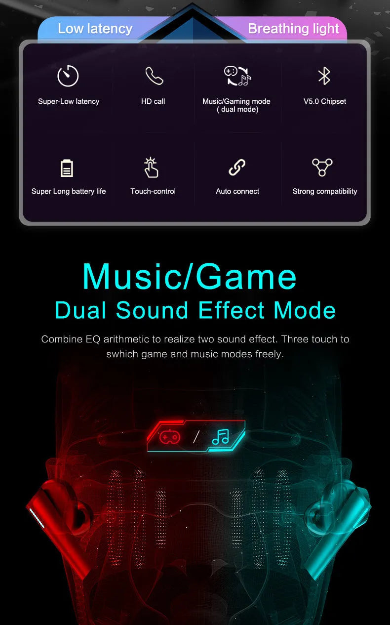 Wireless gaming Bluetooth headset, earplug type, Bluetooth 5.0, black white pink, 10-metre range