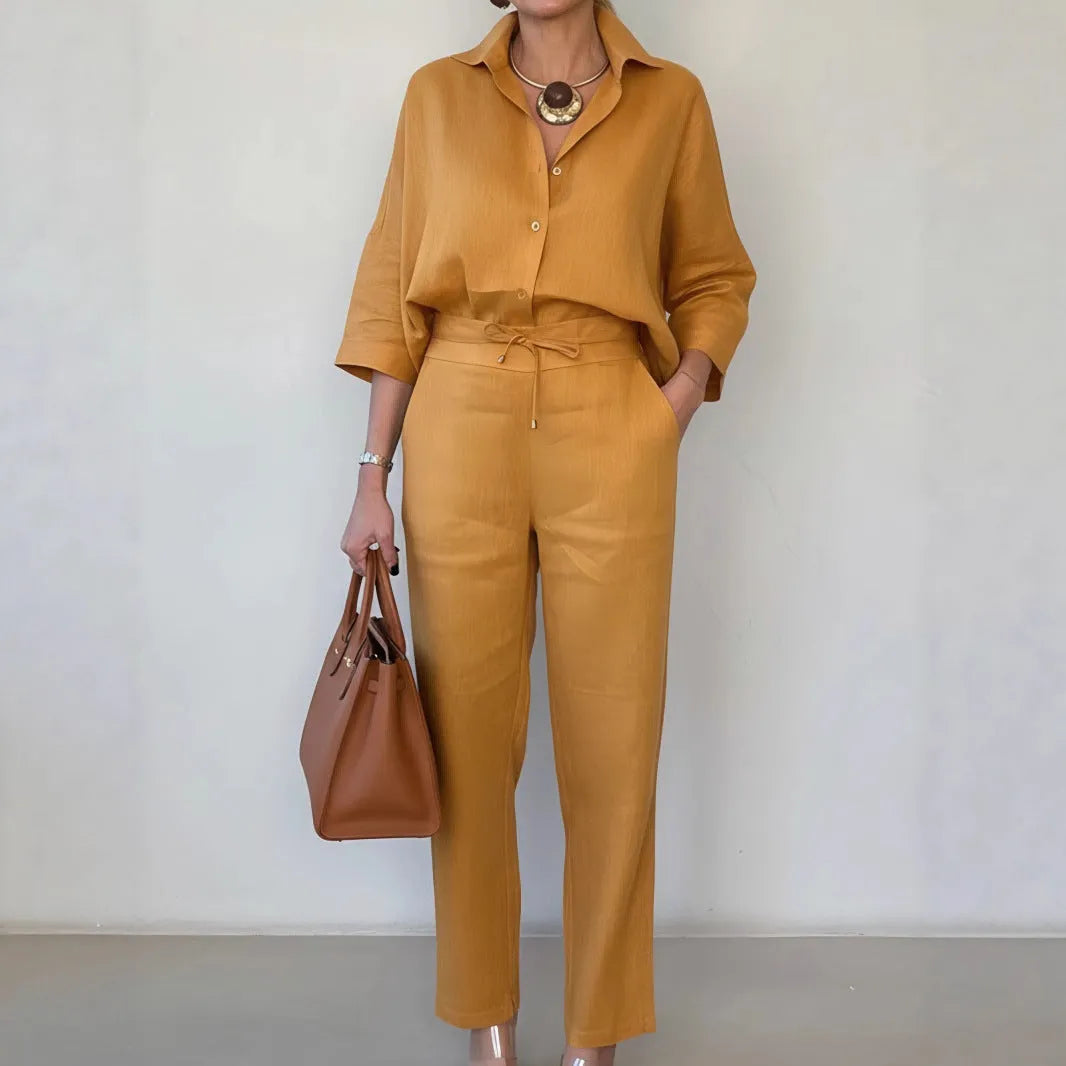 Women's two-piece polo collar shirt and trousers set in solid army green, wine red or orange, sizes S to 3XL