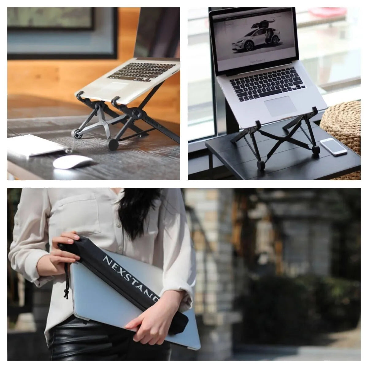 Black portable folding computer bracket shown at various heights up to 40cm with laptop