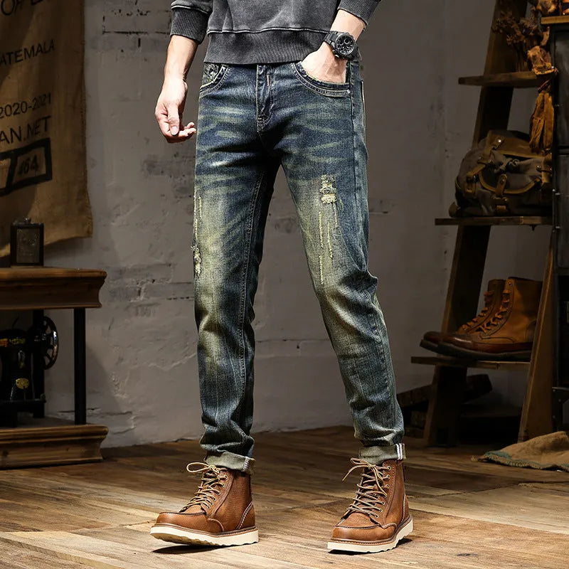 Men's retro colour stretch denim jeans with zip fly, shown in a slim pencil style for casual wear