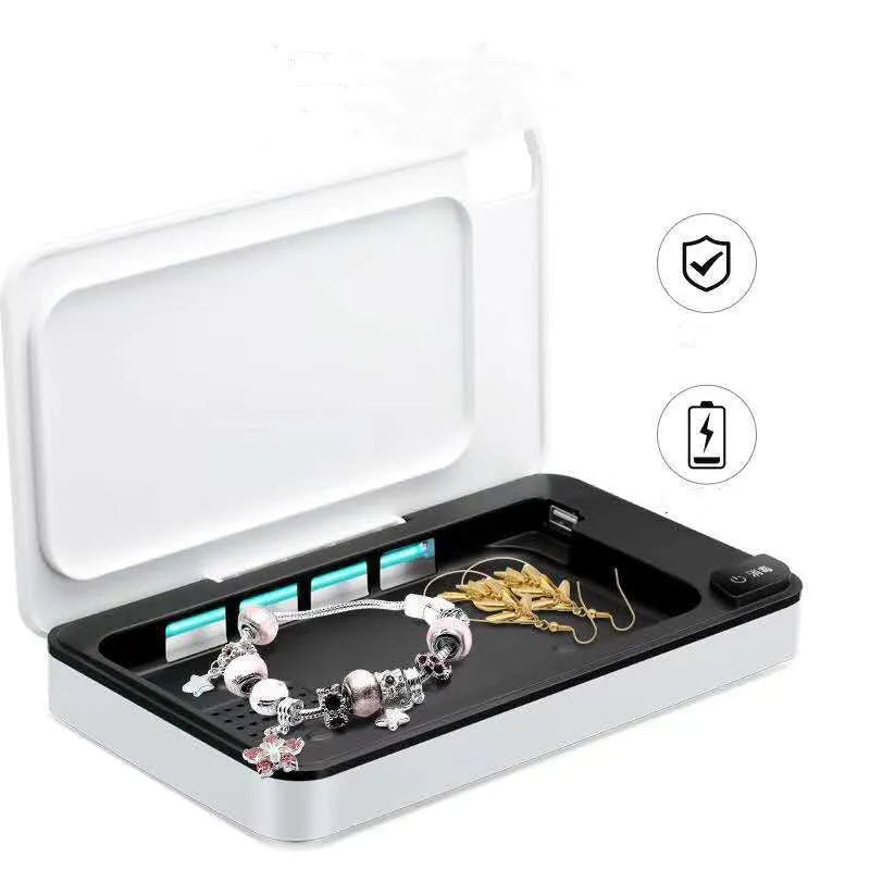 White multifunctional wireless phone charger and UV air steriliser unit with remote control.