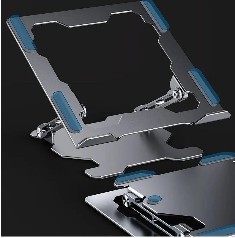 Grey aluminium alloy laptop stand folded flat with adjustable angle and silicone pads