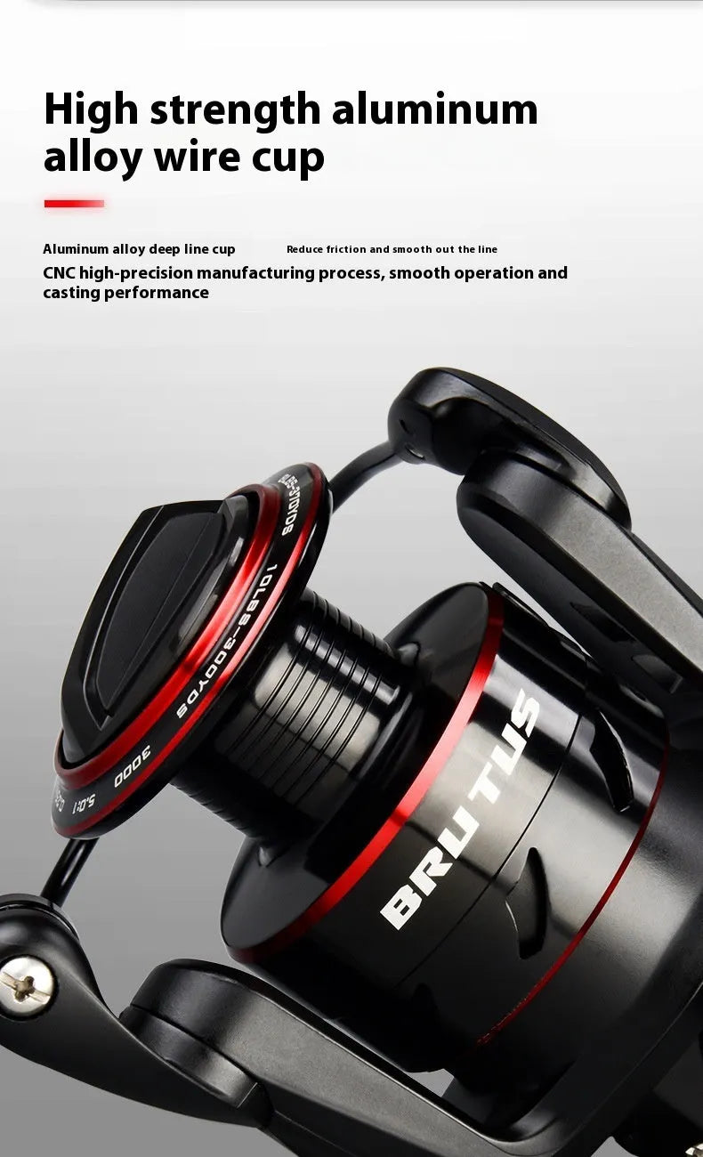 All-metal spinning fishing reel with collapsed telescopic rod showing four series size options