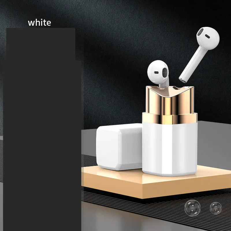 Lipstick-shaped Bluetooth earphones in black with compact charging case, showing in-ear design for noise reduction