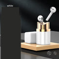 Lipstick-shaped Bluetooth earphones in black with compact charging case, showing in-ear design for noise reduction