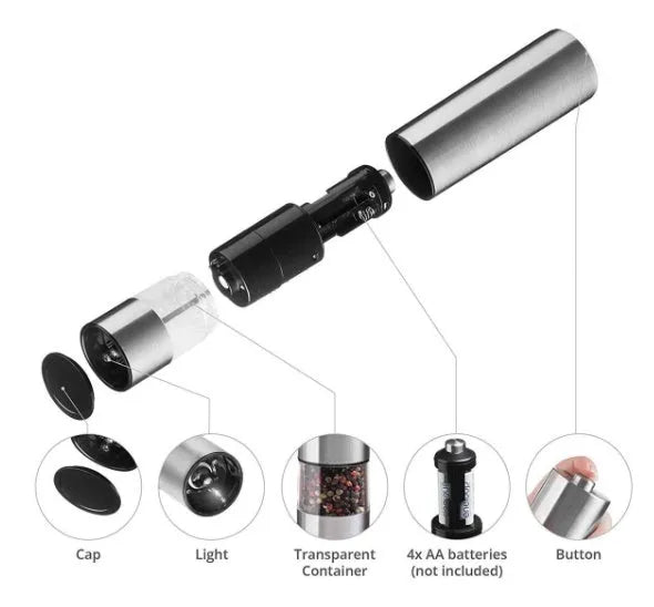 Stainless steel electric pepper grinder with natural colour finish