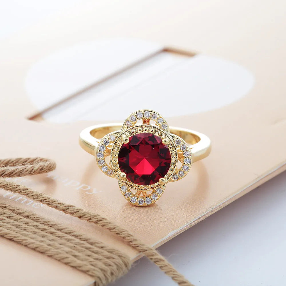Copper ring with inlaid zircon stone in fruit-shaped design, electroplated finish, UK sizes 7 8 9 available
