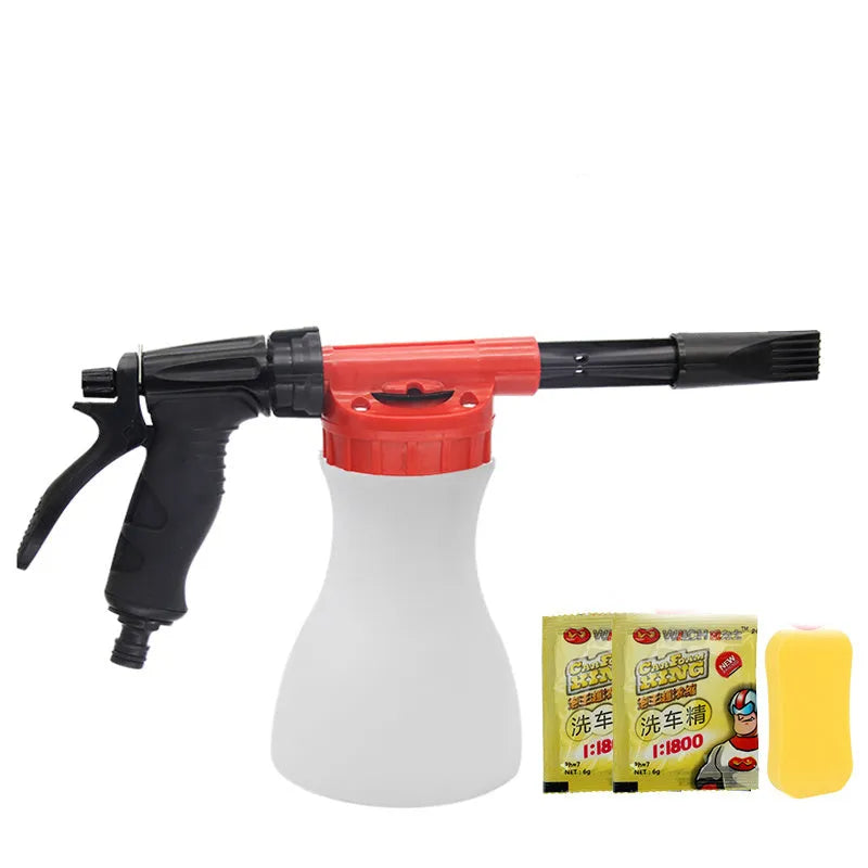 Green and black handheld foam pot high pressure water gun for garden spraying.