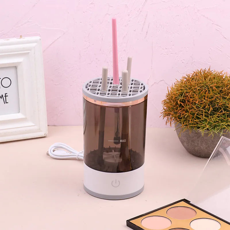 Grey and white portable electric makeup brush cleaning machine with USB charger