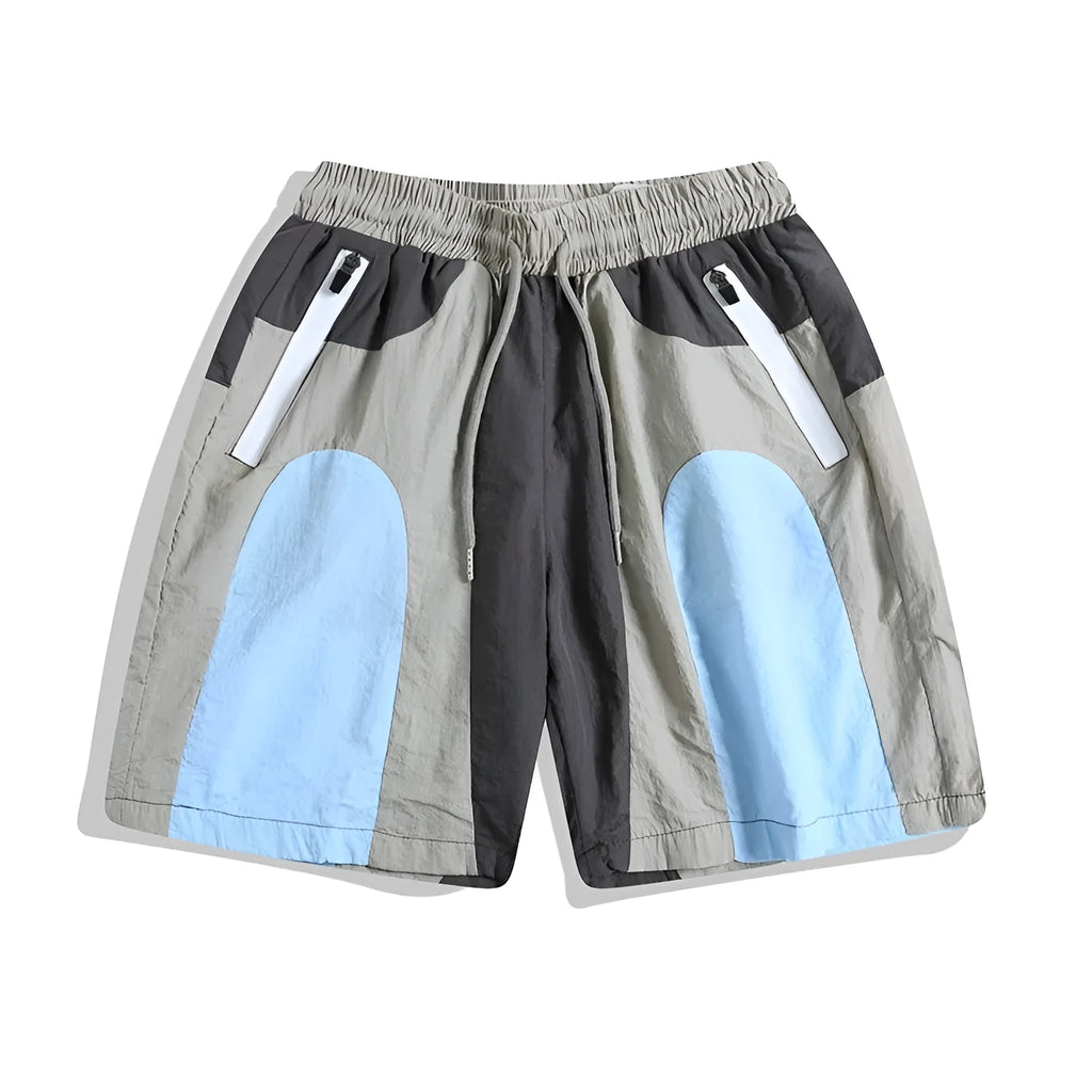 Blue patchwork outdoor sports shorts with quick-drying fabric and loose straight-leg fit