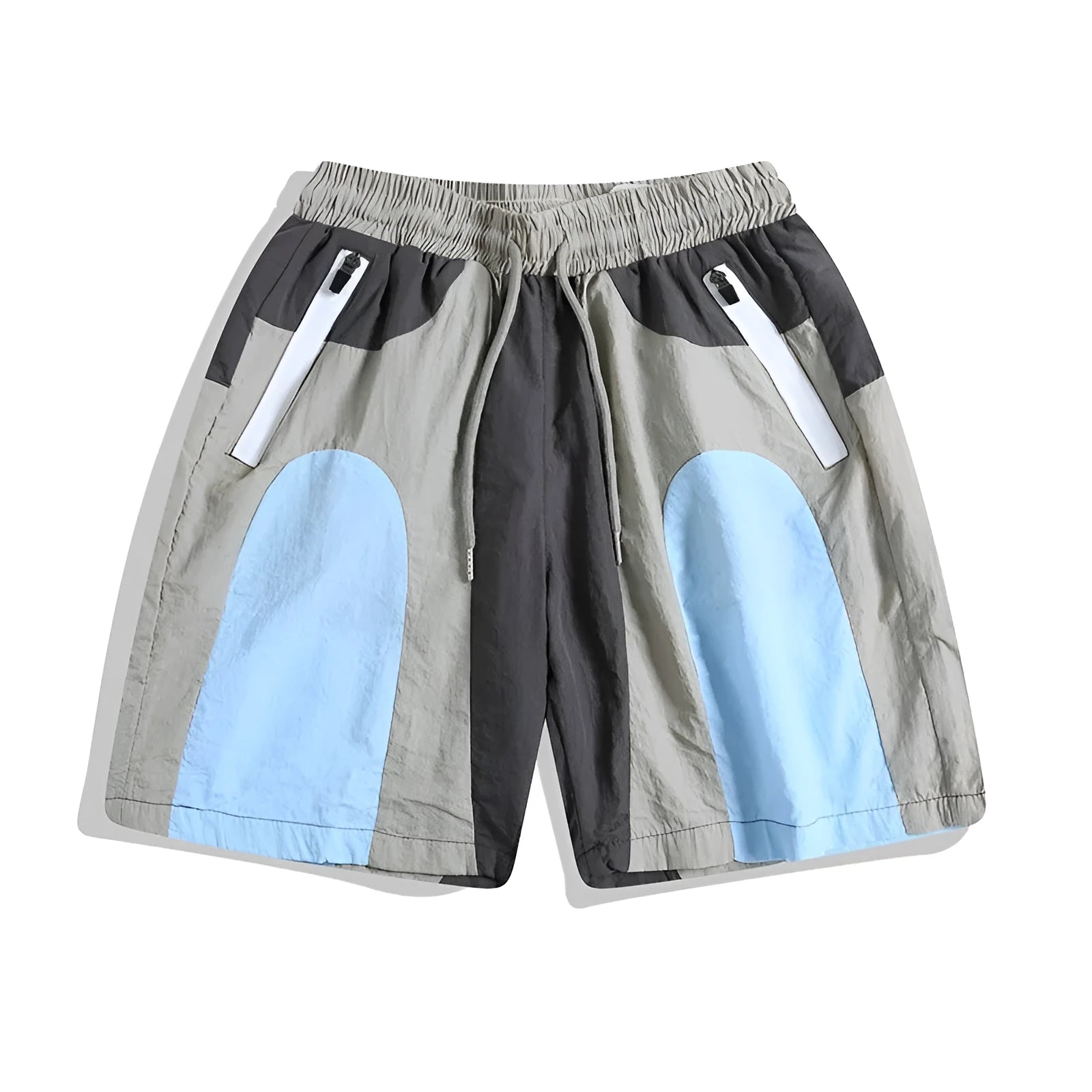 Blue patchwork outdoor sports shorts with quick-drying fabric and loose straight-leg fit