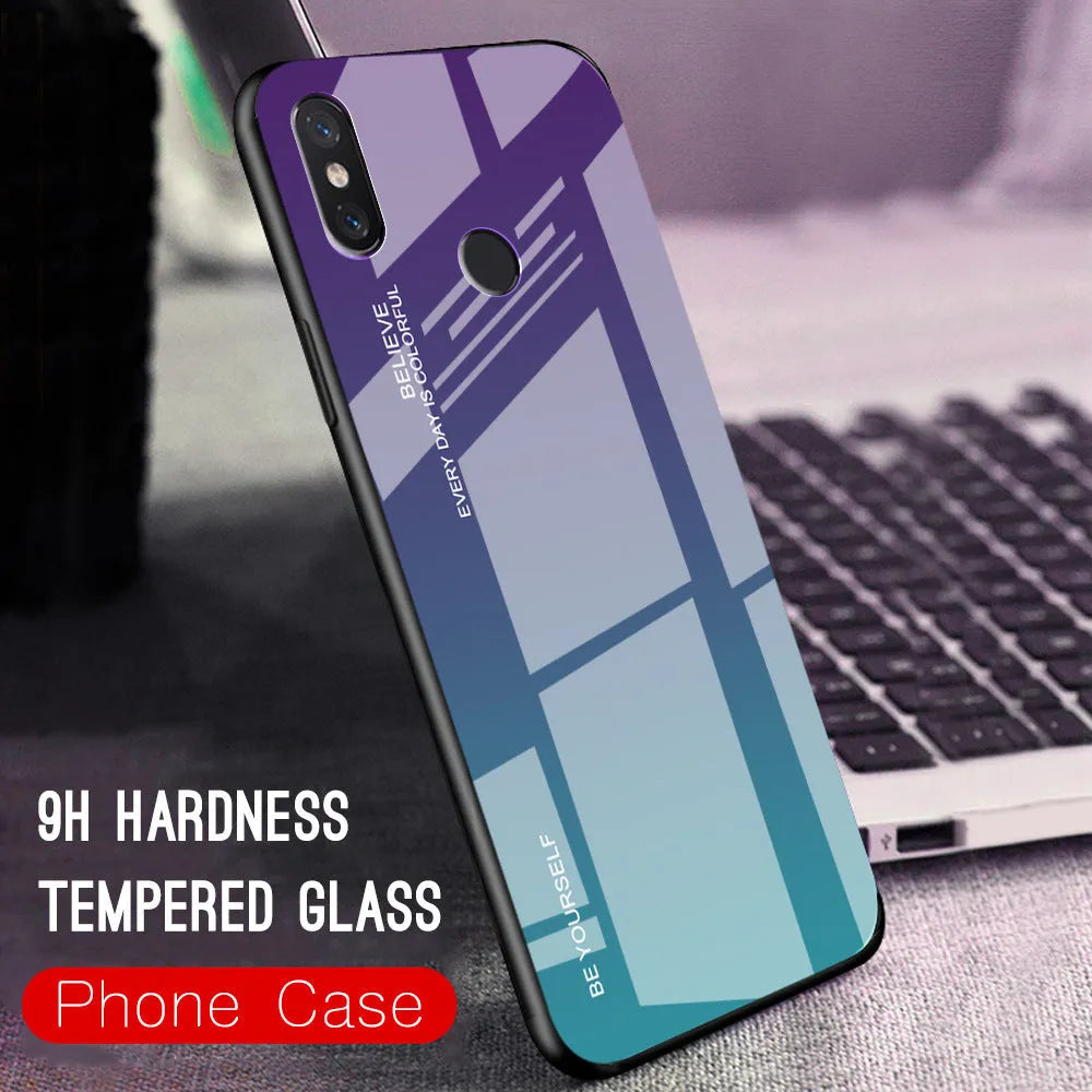 Gradient colour shifting phone case with tempered glass back and TPU frame for Redmi smartphones