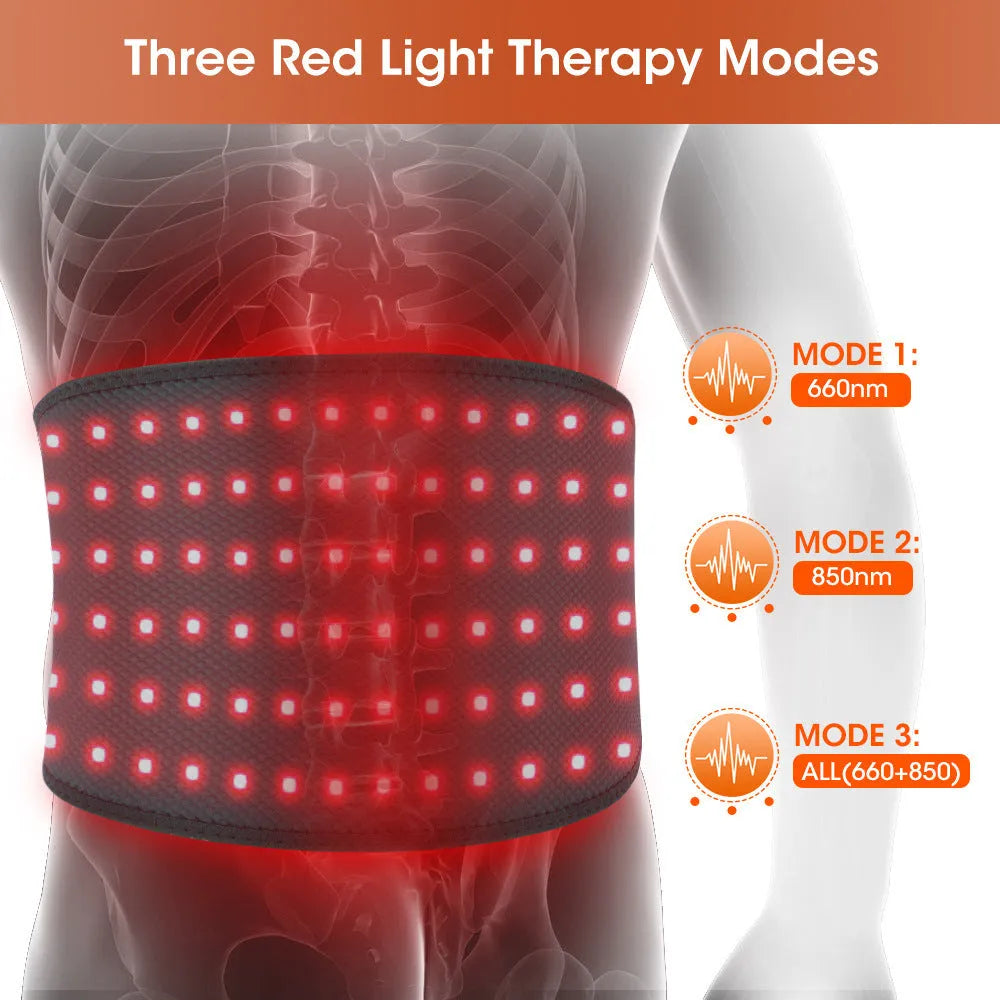 Grey neoprene electric waist belt with red light therapy beads for back pain relief