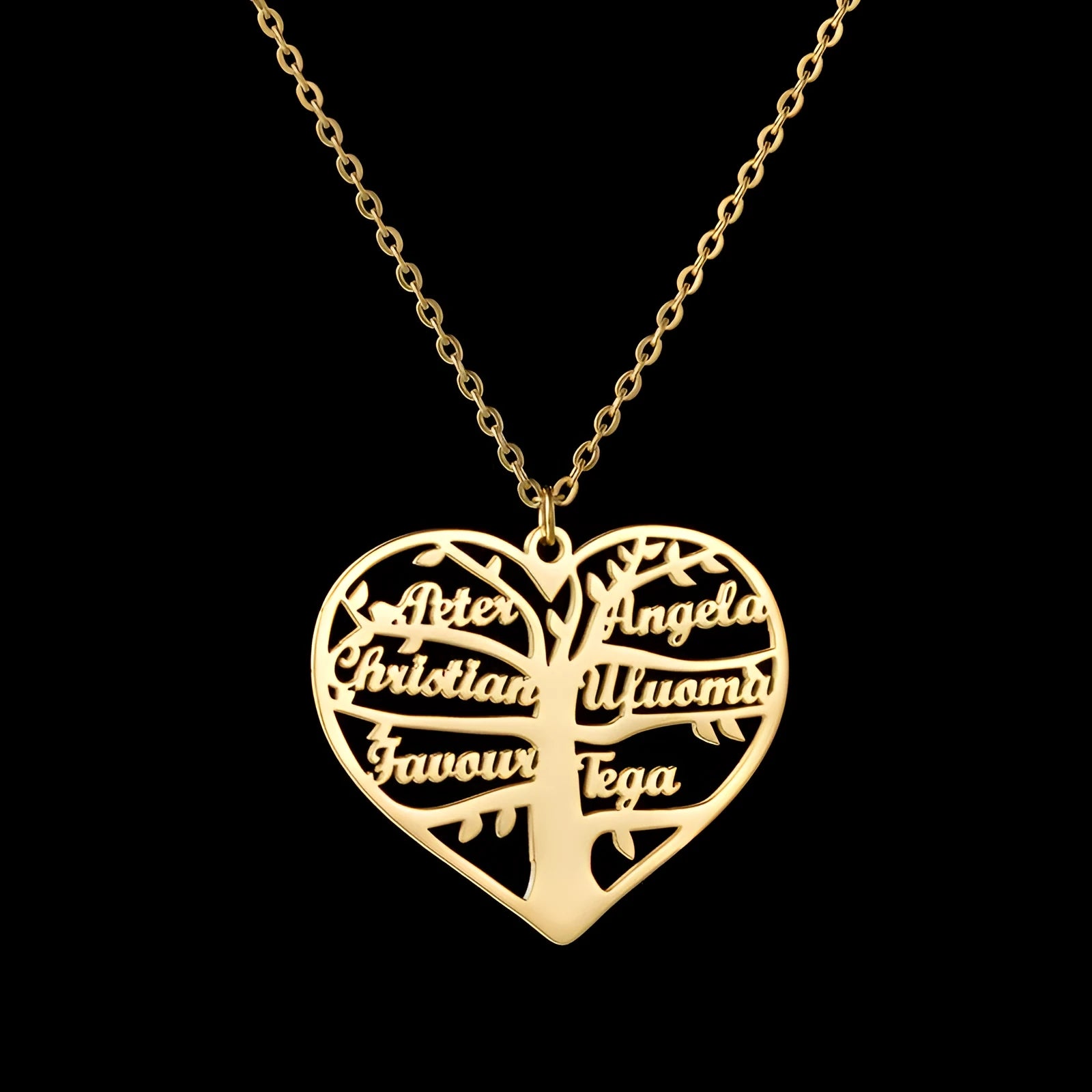 Personalised stainless steel necklace with hollow heart and tree pendant engraved with names, shown in silver finish.