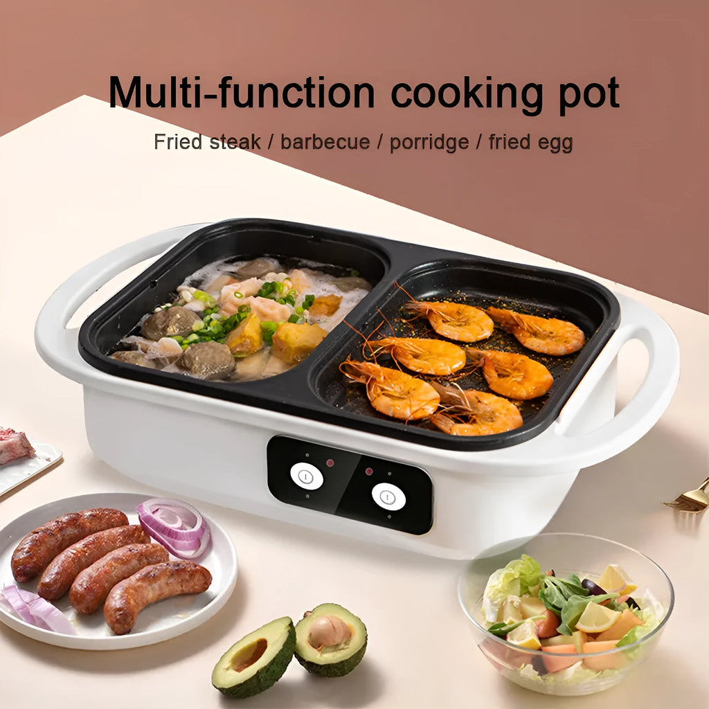 White or green dual-use electric hot pot and frying oven with mechanical dial, dimensions 390mm x 220mm x 120mm.