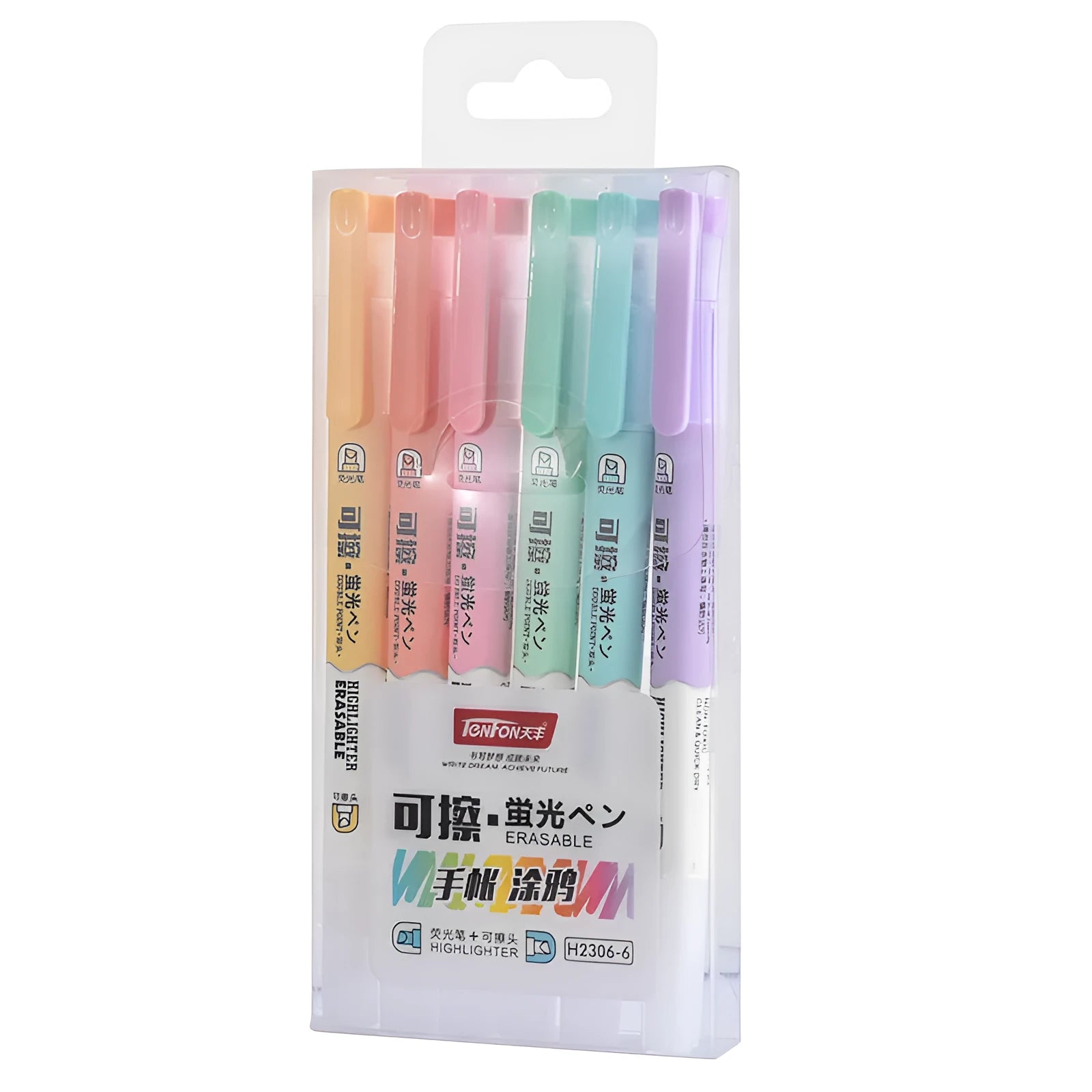Double-headed fluorescent marker pen set with six colours in plastic shells
