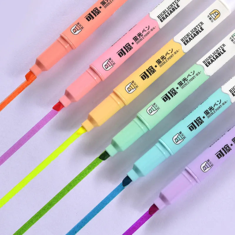 Double-headed fluorescent marker pen set with six colours in plastic shells