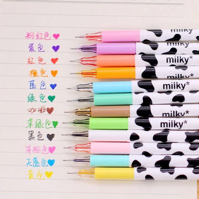 Cow colour gel pen with 0.38mm tip showing 12 different ink colours in plastic shells