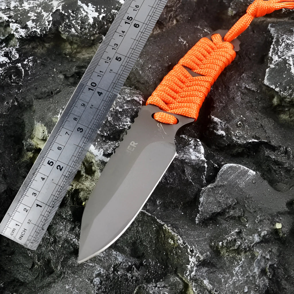 Outdoor camping rope knife with straight blade and ABS sheath showing measurements