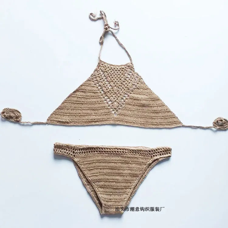 Hand woven crochet bikini set with explosion hook detail, bra top and briefs, in khaki or white