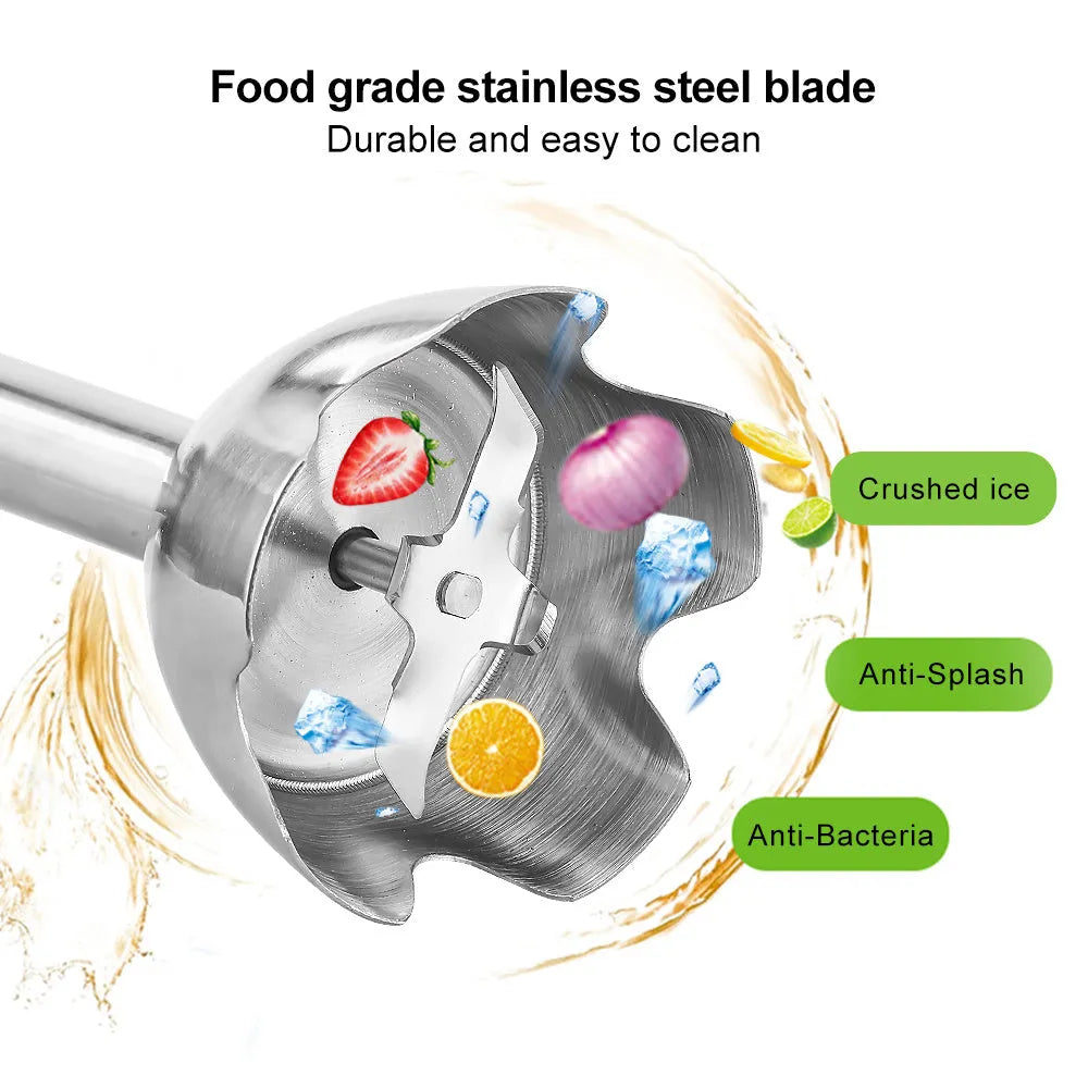 Biolomix silver hand blender with stainless steel attachments including whisk, chopper bowl, and blending beaker