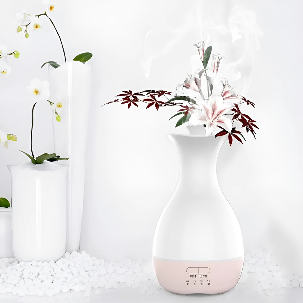 White ultrasonic aromatherapy humidifier with colourful LED night light and 200ml water tank capacity