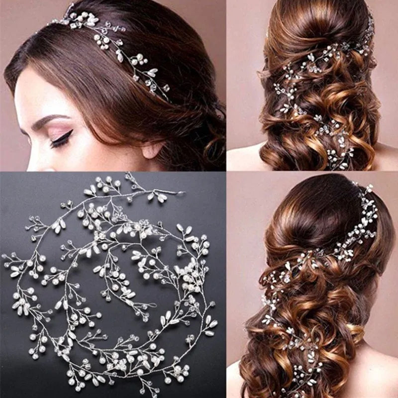 Bride's long hair band with crystal pearls in silver, gold, or rose gold, showing colour-preserving copper wire and length options