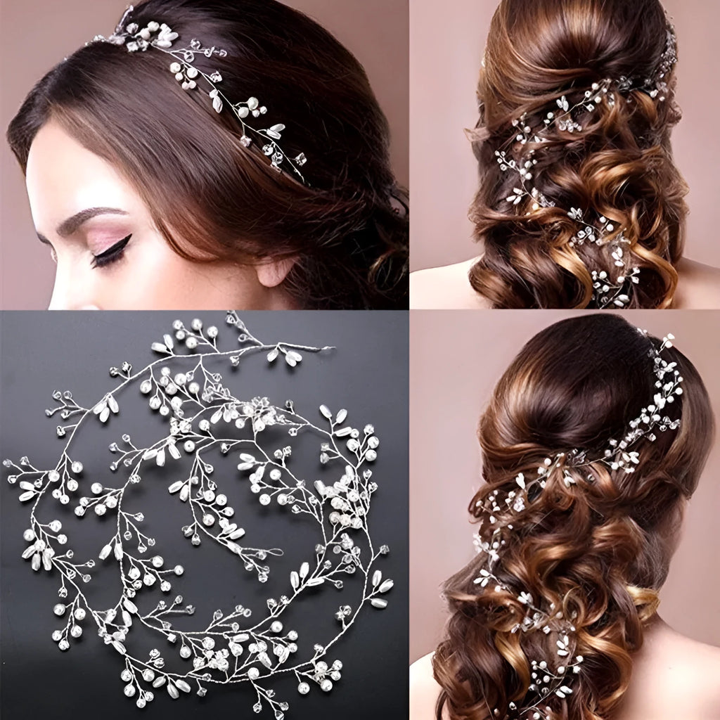Long wedding hair band with pearl and crystal in silver, KC gold, or rose gold, 100cm, 50cm, or 35cm