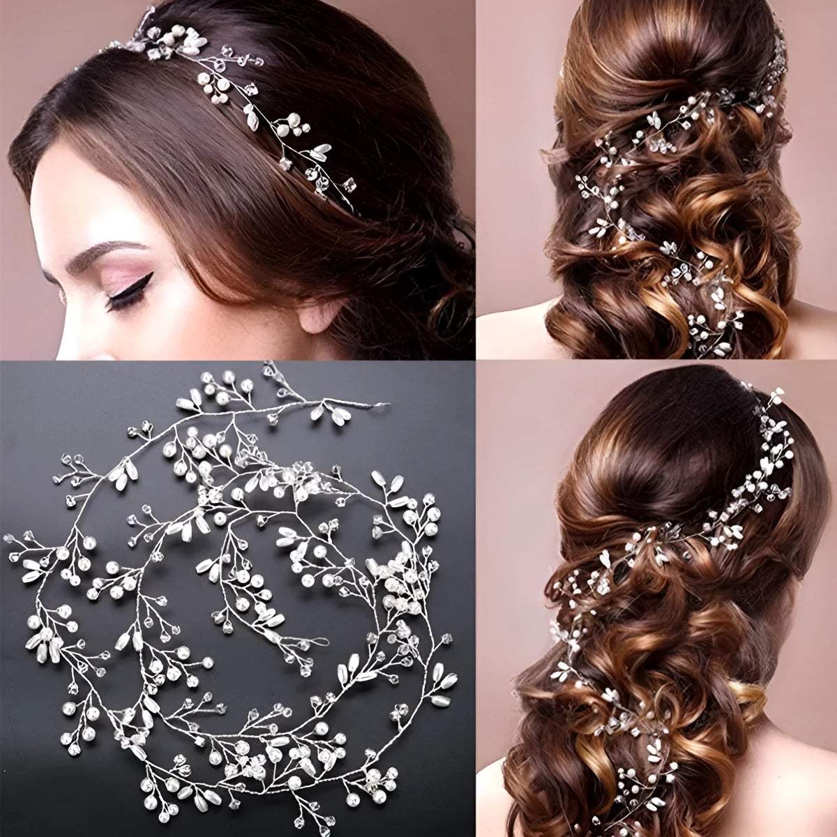 Long wedding hair band with pearl and crystal in silver, KC gold, or rose gold, 100cm, 50cm, or 35cm