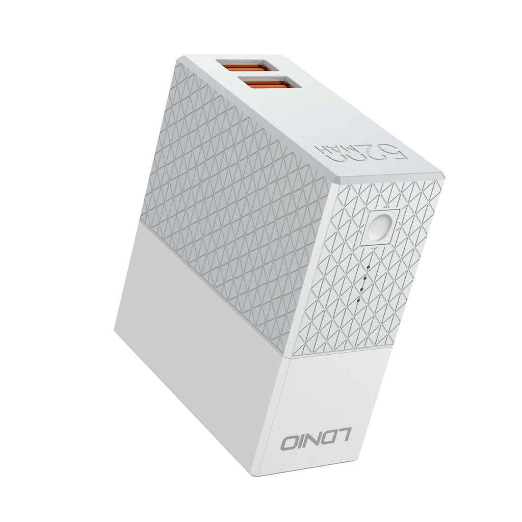 White two-in-one power bank charger with 5200mAh capacity and multiple plug standards