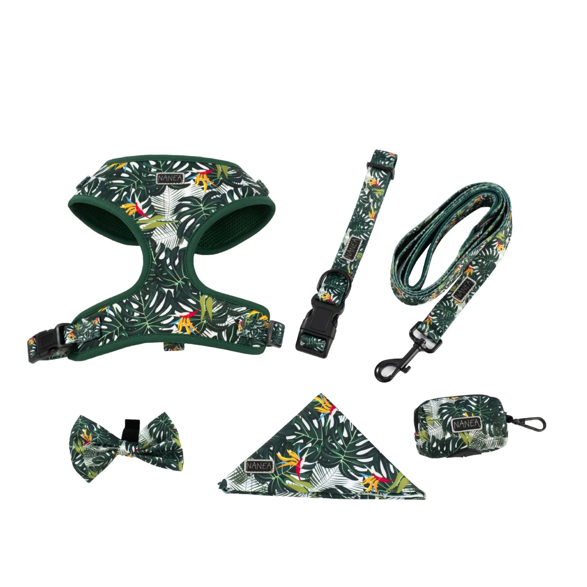 Adjustable vest pet harness set with six pieces including waste bag and decorative bow