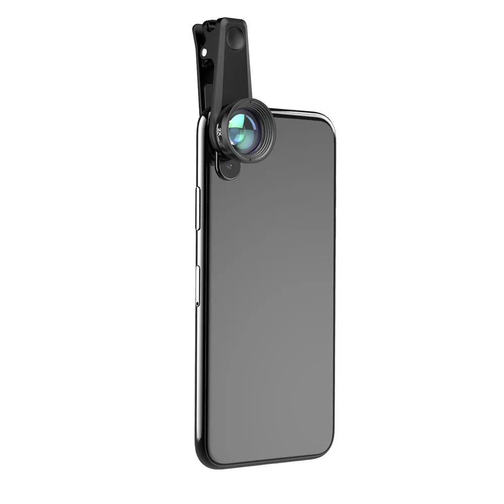 Black 6-in-1 mobile phone lens kit with fisheye, wide-angle, macro, telephoto, CPL, and star filter lenses on universal clip