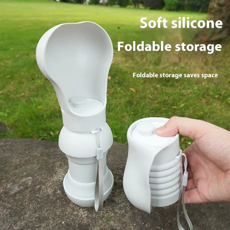 Silicone folding pet water cup shown in long and short specifications, collapsed and open.